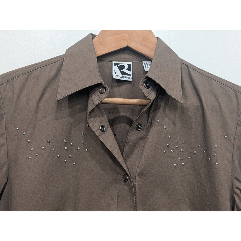 Rockies Pearl Snap Cowgirl Western Studded Rhinestone Rodeo Medium Brown Top